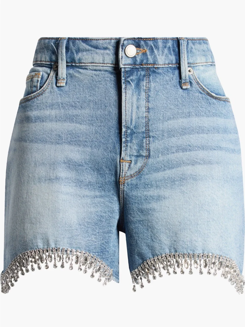 Good American Bombshell Crystal Fringe Denim Cut Off Shorts